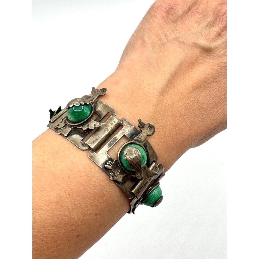 Vintage Sterling Silver Made In Mexico Cuff Link With Malachite Stone and Duck F